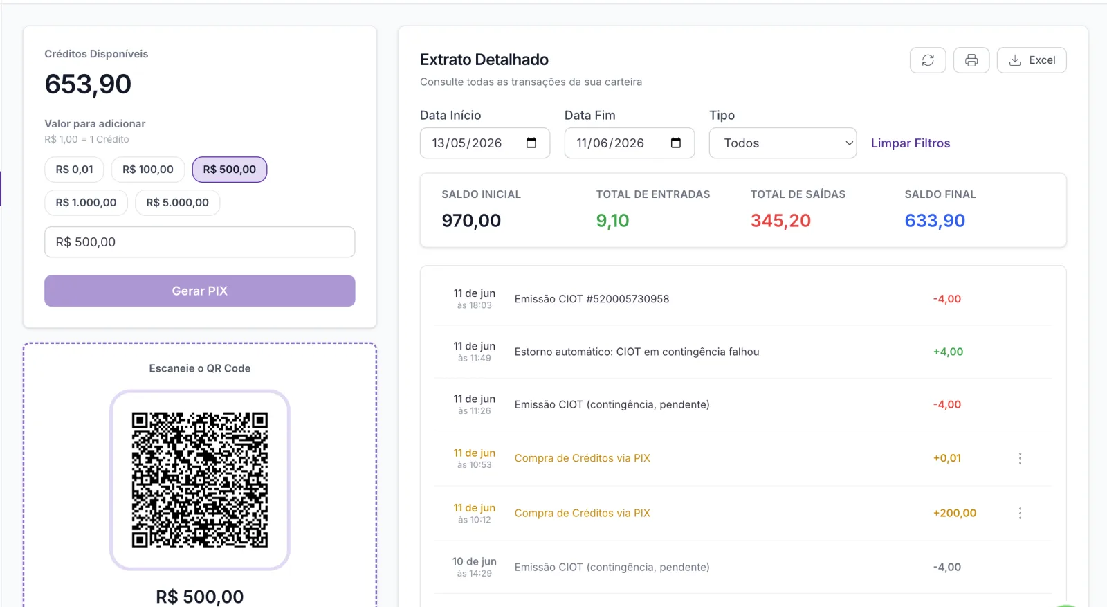 Carteira PIX FreteCash - recarga instantânea