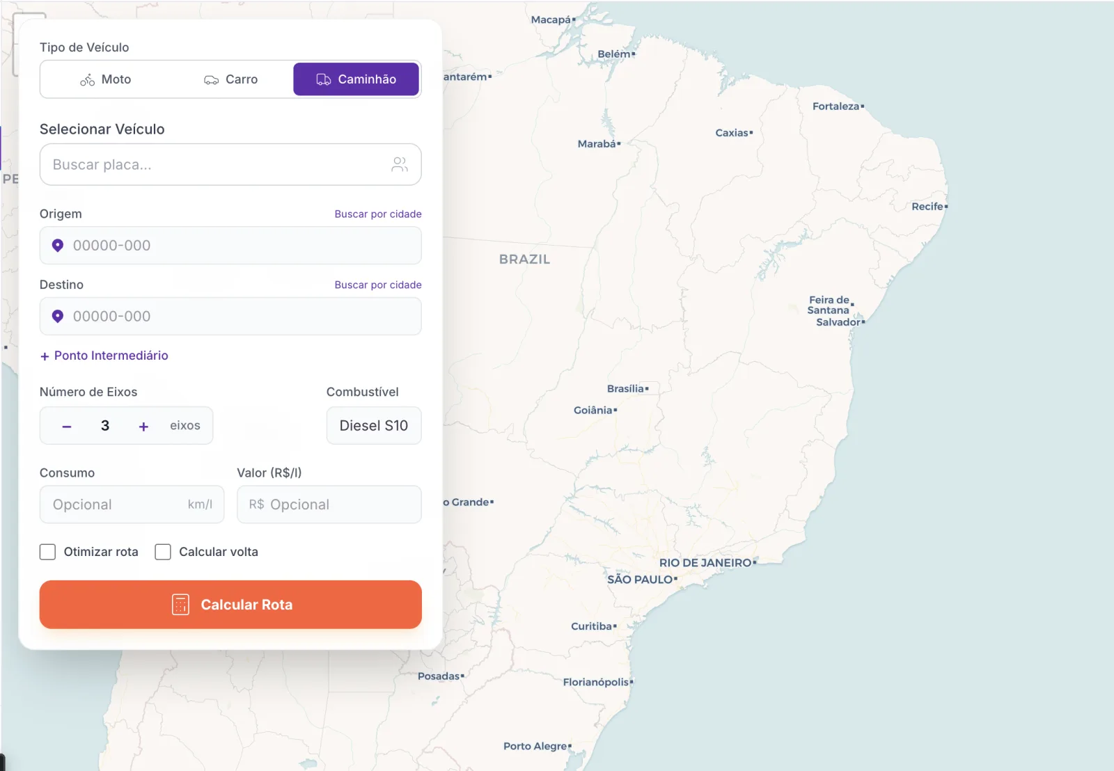 Roteirizador FreteCash - mapa com rotas e pedágios
